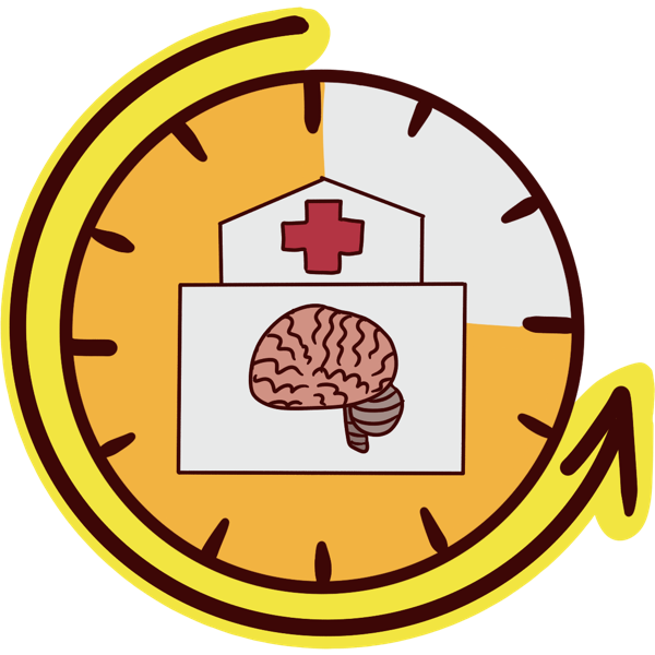 image of an orange clock face with a section taken out of it. on the clock face is a a building with a red cross and a brain on it, representing a psychiatric hospital. a highlighted arrow circles the clock face in the section that is orange, representing most of the day.